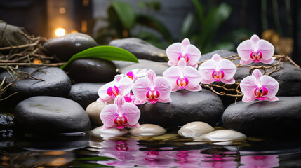 Spa background with pink orchids and pebbles