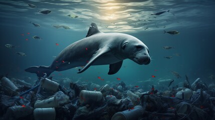 a scene illustrating the impact of plastic pollution in oceans, with marine life entangled in...