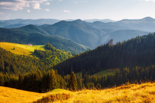 Spectacular landscape of a rolling countryside on a sunny day. Carpathian mountains, Ukraine, Europe.
