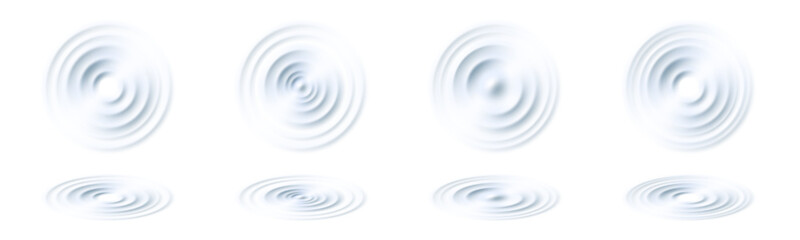 Realistic water ripple. Drop or sound wave splash effects. Round wave surfaces on transparent background - obrazy, fototapety, plakaty