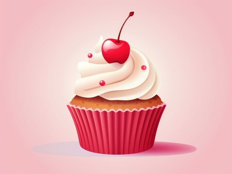 Basic cupcake with frosting and a cherry. Illustration.