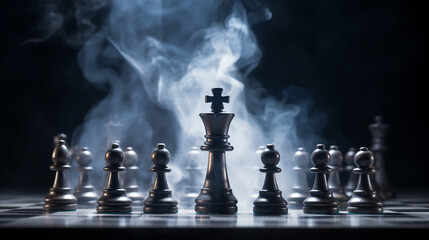 The set of chess pieces element, king, queen rook, bishop, knight, pawn standing on chessboard on dark background, vertical style.