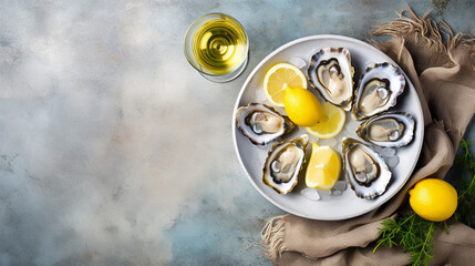 Fresh Oysters close up on blue plate, served table with oysters, lemon and ice. Healthy sea food....