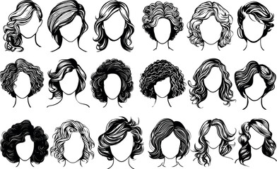 Vector woman hairstyle silhouette set . black Illustration hairstyles for girls in various themes. Hand drawn collection V1 - obrazy, fototapety, plakaty