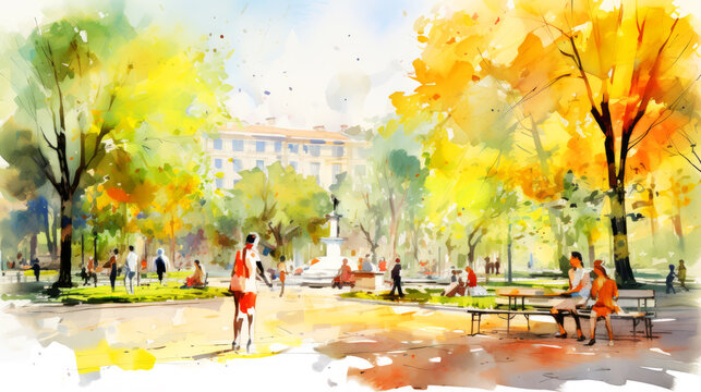 People walking in the city park on watercolor illustration painting background.
