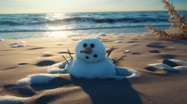 Melting snowman on the beach