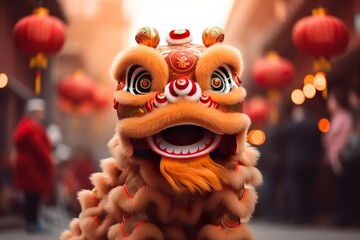 cute chinese lion dance costume for chinese new year festival celebration  - obrazy, fototapety, plakaty