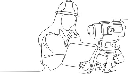 Close up of Caucasian worker with helmet on head using tablet for work while standing in warehouse. Surveyor with a tripod icon. Geodesic tripod. Vector illustration