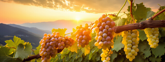 White grapes on a vine in a vineyard on a sunset - obrazy, fototapety, plakaty