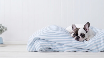 Happy dog in luxurious bright colors scandinavian style bedroom with king-size bed. Pets friendly hotel or home room.
