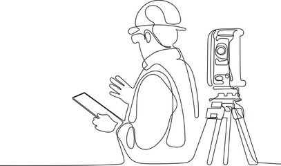 Close up of Caucasian worker with helmet on head using tablet for work while standing in warehouse. Surveyor with a tripod icon. Geodesic tripod. Vector illustration