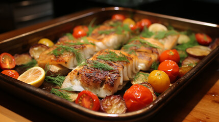 Roasted fish with lemon on plate.Delicious baked fish.Copy space