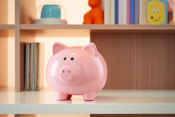 A pink piggy bank on a shelf in the room. The concept of Accumulating and Saving money. Generate Ai