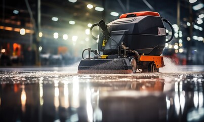 A Man Using a Floor Cleaning Machine to Clean the Floor - obrazy, fototapety, plakaty