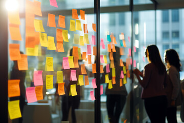 brainstorming workshop strategy notes business color sticky notes, in modern office 