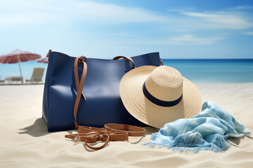  beach bag with accessories and tropical beach in the background, summer vacations concept, Summer accessories on sandy beach