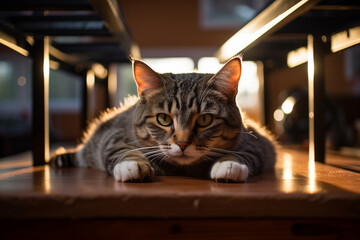  cat lying on kitchen table on a sunny day at home