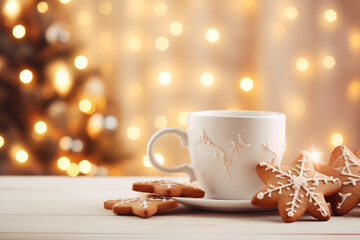 Gingerbread cookie  with a hot coffee for Christmas holiday. Hot winter drink: chocolate with whipped cream in blue mug. Christmas time. Cozy home atmosphere, white background