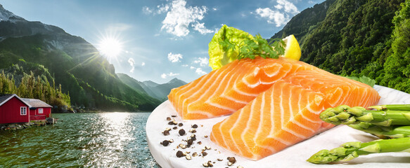 Raw Salmon Fish Steak at Scandinavian Fjord with Sun and blue Sky Panorama - obrazy, fototapety, plakaty