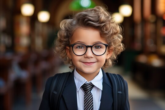 Happy kid with glasses in School Uniform with Backpack Going for School to Learn. Back to school.
