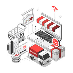 Online shopping - isometric red and black line illustrations