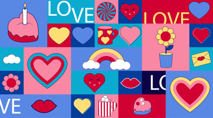 valentines day background in style bauhaus, vector illustration. Abstract banner with geometric elements

