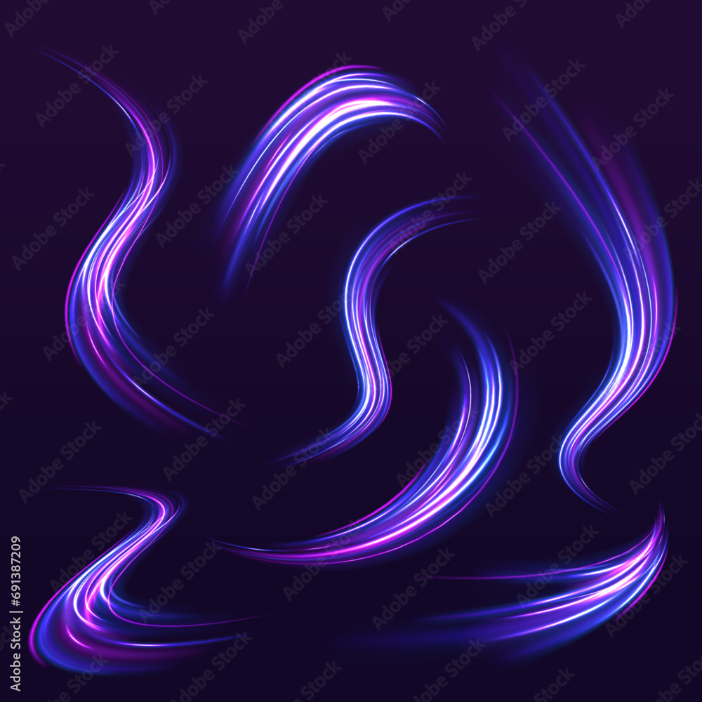 Poster blurred motion. sparkling flow. vector abstract dynamic dark. neon stripes in the form of a sow road