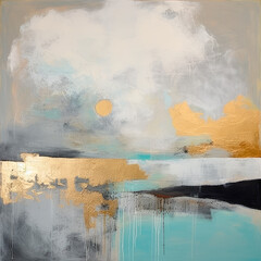 Splashes of bright paint on the canvas. Landscape. Gold, black, blue and gray colors. Interior painting. Beautiful background. Generative AI.