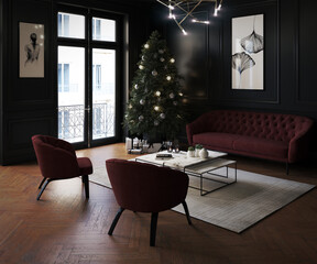 Red and black living room with parquet floor Christmas tree gifts coffee table and armchairs