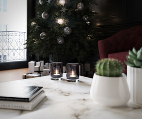 Red and black living room with parquet floor christmas tree gifts coffee table