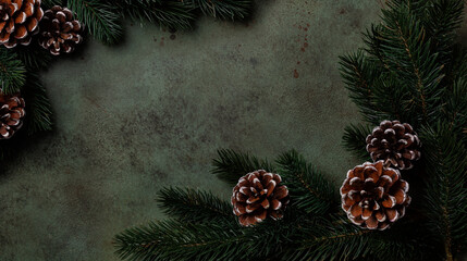 Festive winter background. Branch of Christmas tree with pine cones. Top view, frame with copy...