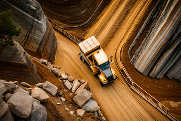 Top view of on the truck and bulldozer working in the stone mine.