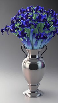 bouquet of blue irises in a metal Silver vase, grey background, concept greeting video, happy birthday, decorations in the interior