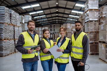 Full team of warehouse employees standing in warehouse. Team of workers in reflective clothing in modern industrial factory, heavy industry, manufactrury.