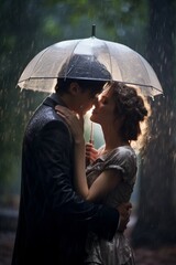 A romantic couple sharing a passionate kiss under the pouring rain