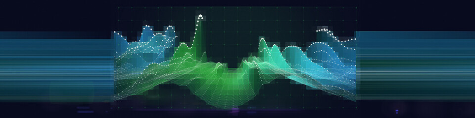 Abstract background color graph in white lines from dots on dark. Interlacement  technology data concept in virtual space. Big Data. Banner for business, science and technology data analytics.