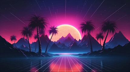 Illustration of vintage funky retro style of tropical silhouette of sunset between palm trees with ramp and glowing neon lights