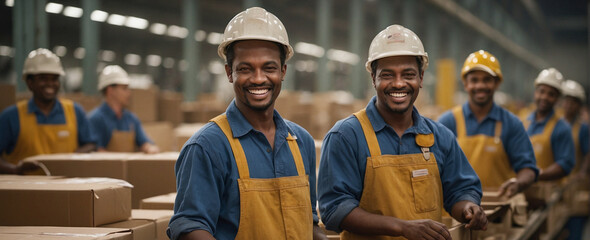 Smiling black workers dressed in overalls and work helmet, in a warehouse.