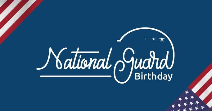 U.S. National Guard Birthday Text Animation with waving flag. Handwritten text calligraphy animated with alpha channel. Great for celebrations, events, and festivals through text animation