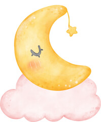 Pink cloud and moon watercolor