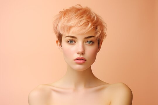 Portrait of a young beautiful woman with a short hairstyle, peach fuzz color.