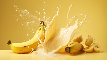 Milk splash with bananas. Sweet dessert cream sweet. Milkshake concept. Generative AI