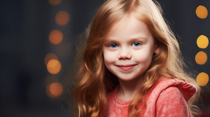 Obraz na płótnie Canvas Portrait of little red-haired girl on bokeh Christmas light background. Smiling cute child with long hair on dark festive background