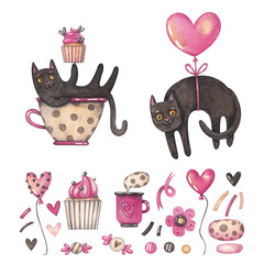 A set with black cats in a cup and on a balloon and various elements. Watercolor illustration. Animals. Holiday. Happy Valentine's Day. Love. Hearts. Pink. Postcards and cards. Cute. Pink color. Art. 