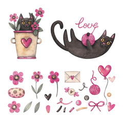 A set with black cats with flowers and a tangle and various elements. Watercolor illustration. Animals. Holiday. Happy Valentine's Day. Love. Hearts. Pink. Postcards and cards. Cute. Pink color. Art. 