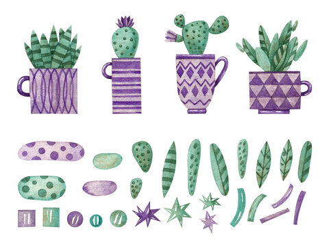A set with decorative cacti in cups and various elements. Watercolor illustration. Plants and flowers. Purple and green. Cute. Succulents. Handmade work. Art. Design. Plain.Postcards and cards.