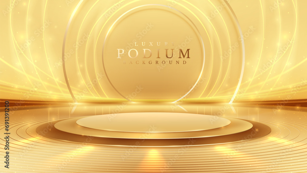 Wall mural golden empty podium on brown background with neon light effect with bokeh decoration. elegant scene 