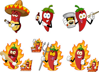 Funny Hot Chili Pepper Cartoon Characters. Vector Hand Drawn Collection Set Isolated On Transparent Background