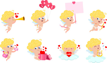 Cute Cupid Angel Cartoon Character. Vector Flat Design Collection Set Isolated On Transparent Background