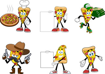 Funny Pizza Slice Cartoon Characters. Vector Hand Drawn Collection Set Isolated On Transparent Background